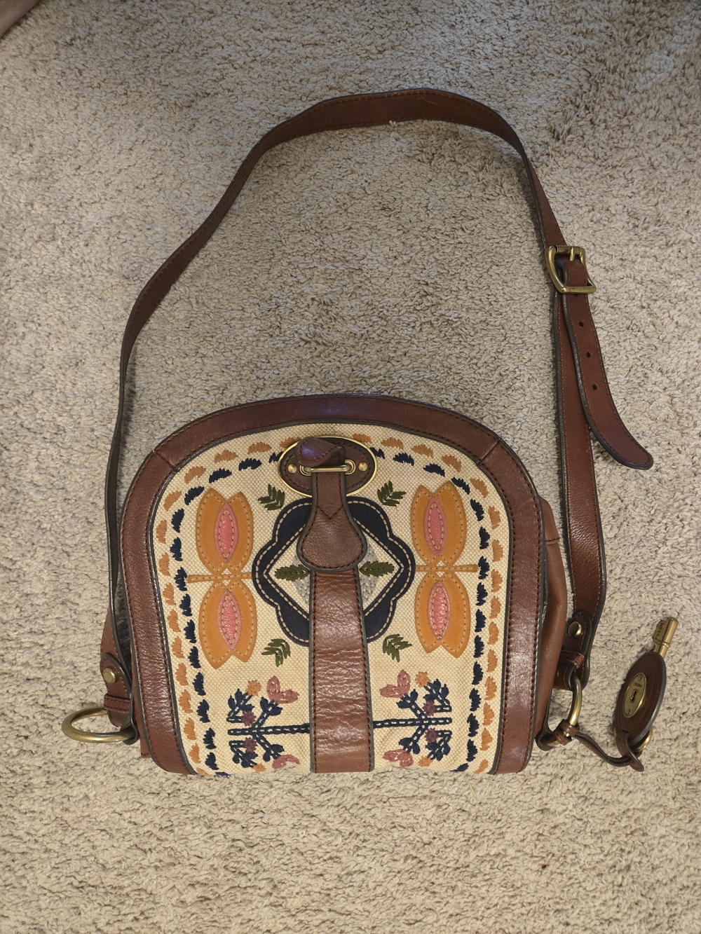 Fossil Brown Leather Crossbody with Multicolor Embroidery